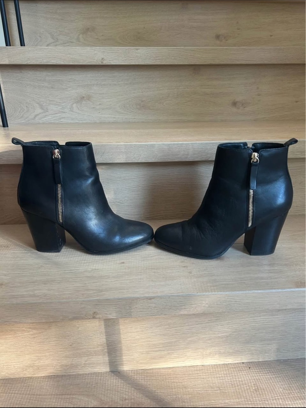 Women’s Black Ankle Boots with Block Heel and gold zipper - Picture 1 of 6